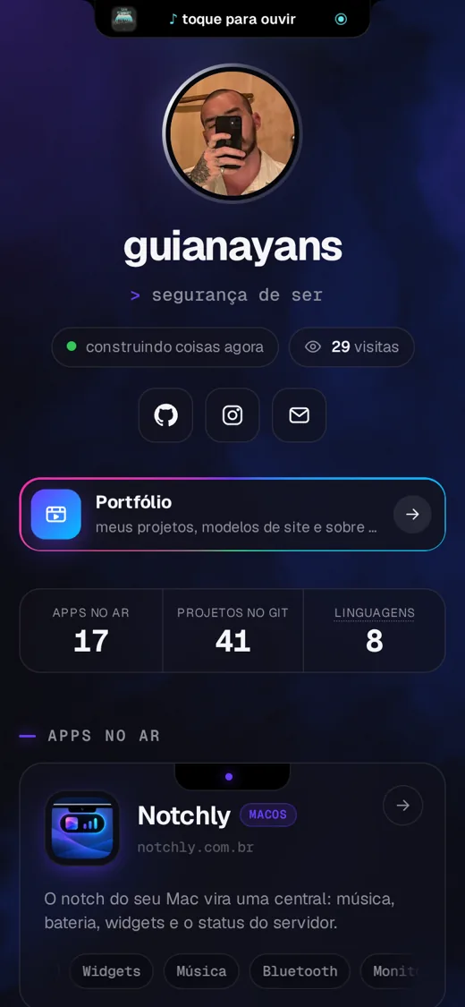 A página no celular: foto, links em cards de vidro e o notch no topo